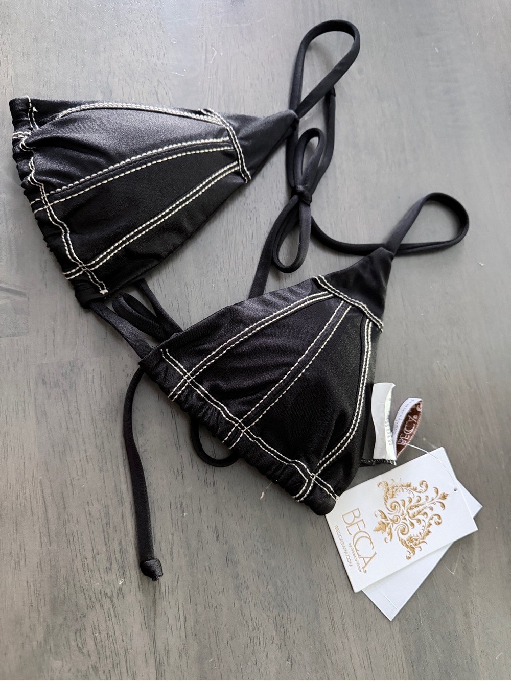 BECCA Black Triangle Bikini Top with White Contrast Stitching